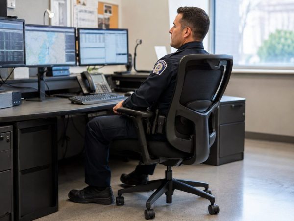 A police officer with a full gear belt seated in a Shield office chair designed for heavy duty use