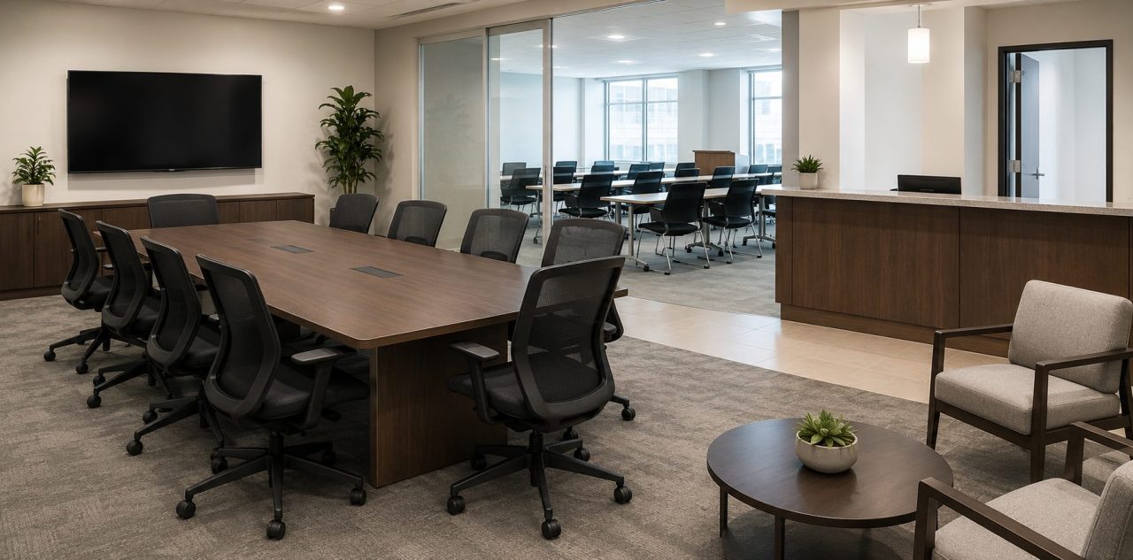 Government office furniture installation with public meeting spaces shown including board rooms and a meeting table