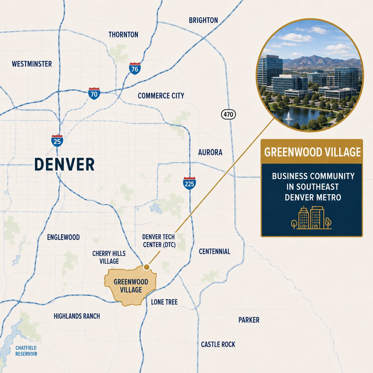 Map showing Greenwood Village and nearby Denver metro business areas