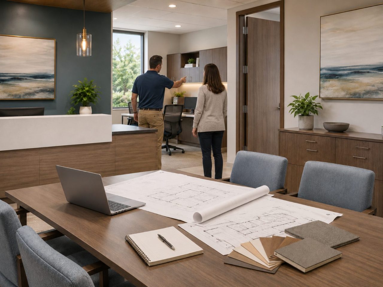 Healthcare furniture planning table with office layout drawings, finish samples, and project coordination underway