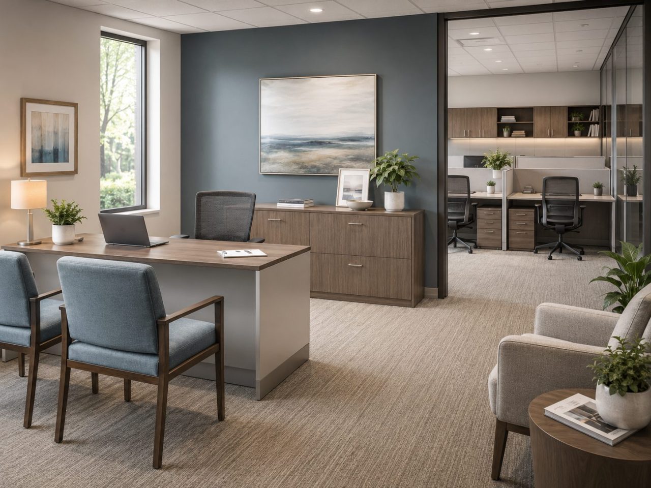Healthcare office with consultation desk, guest chairs, storage credenza, and adjacent staff workstations