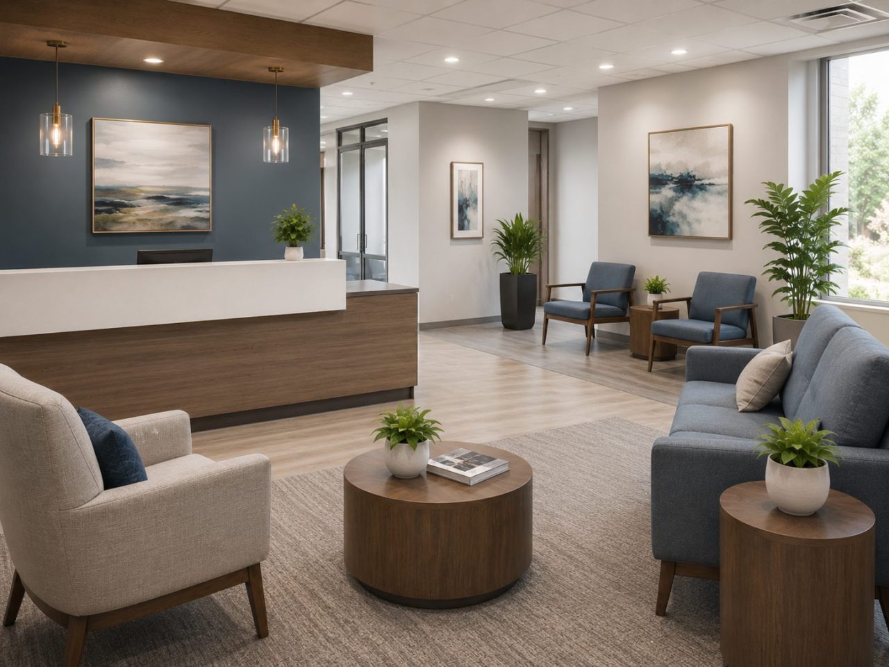 Healthcare reception area with reception desk, lounge seating, side tables, and waiting chairs