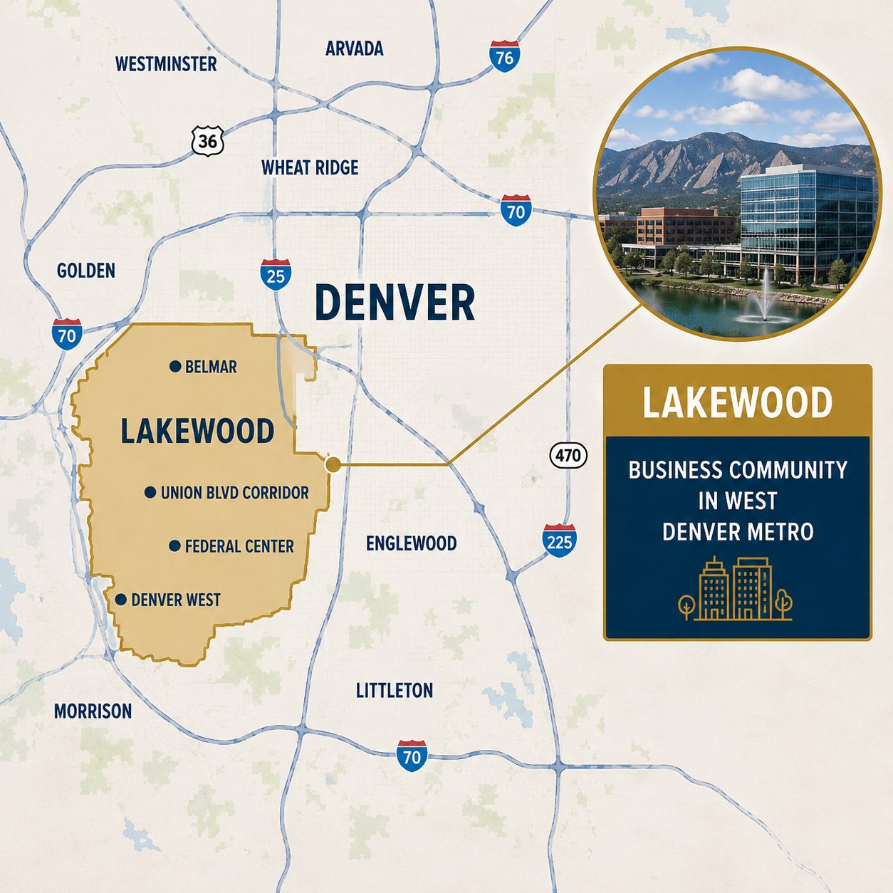 Map showing Lakewood and nearby west Denver metro business areas including Belmar, Union Boulevard, Federal Center, and Denver West