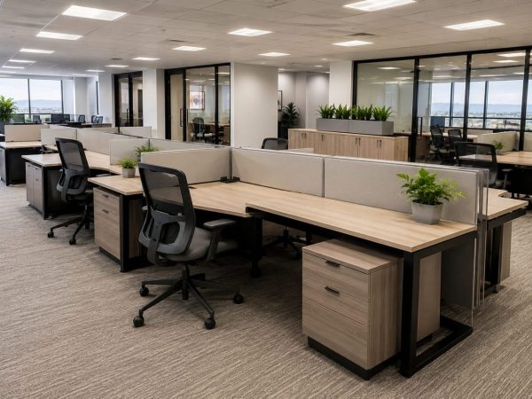 Modern office workstations and cubicles with ergonomic chairs, storage, privacy panels, and glass-enclosed offices.