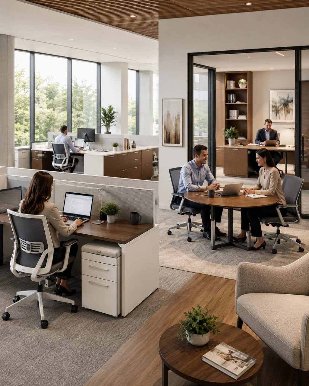 Modern office workspace with employees at desks, a small meeting table, and collaborative work areas