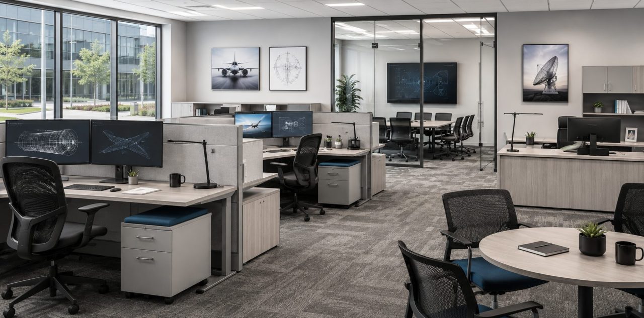Modern aerospace and defense office with gray workstations, ergonomic chairs, and glass conference room