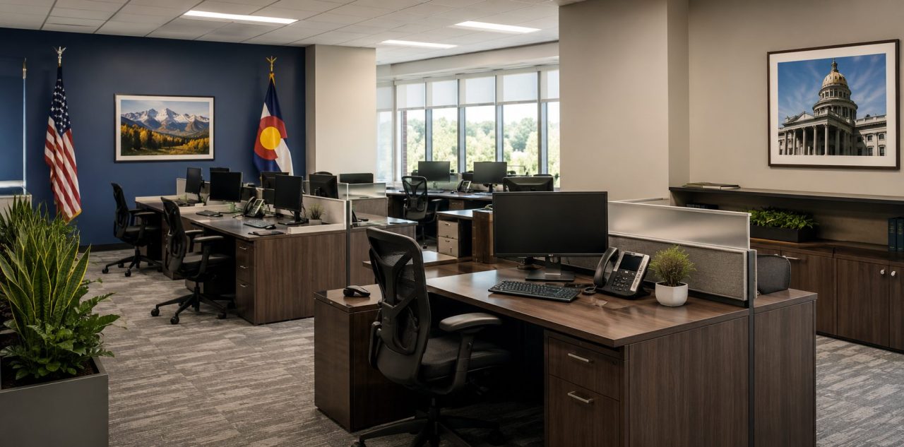 Modern government office furniture with workstations, ergonomic chairs, and Colorado flags