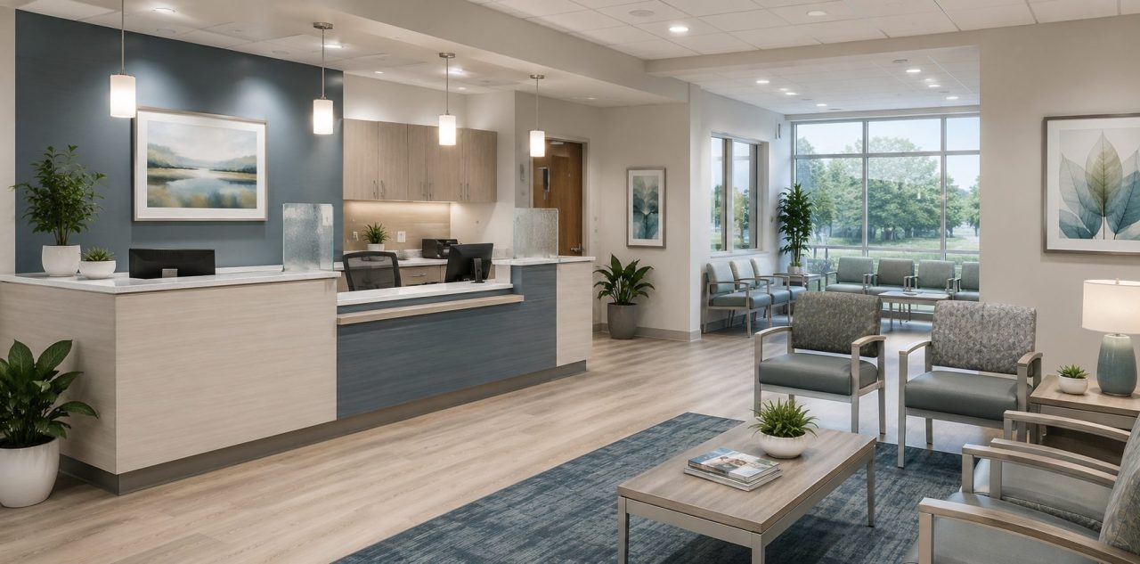 Modern medical office reception desk and waiting room with comfortable healthcare seating