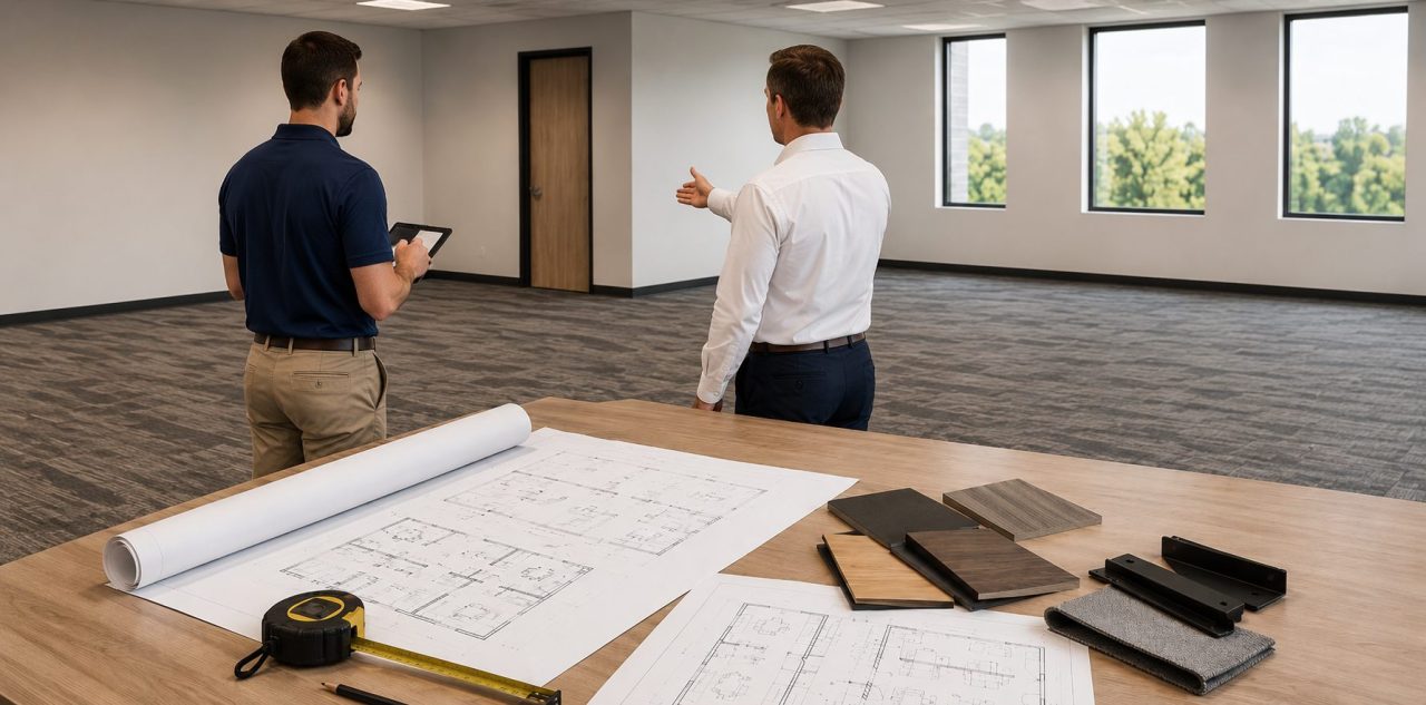 Office Furniture EZ representative assessing an unfurnished government office with a facility manager