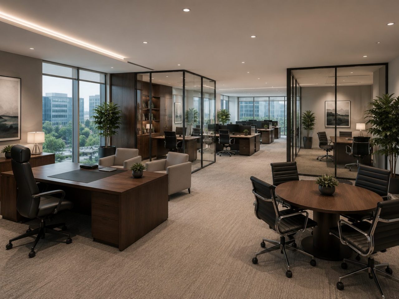 Modern professional office with executive workspace, glass offices, workstations, and meeting area