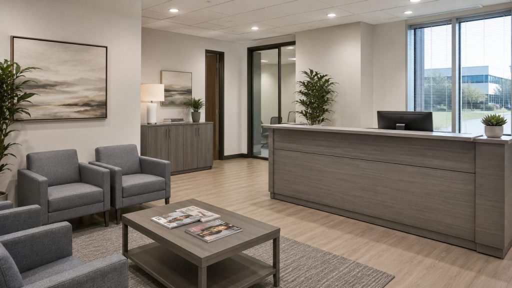 Reception area with desk, waiting chairs, coffee table, and storage cabinet