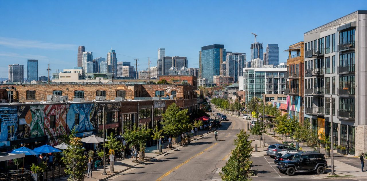 Street view in Denver’s RiNo district with colorful murals, modern buildings, and the downtown skyline in the distance.