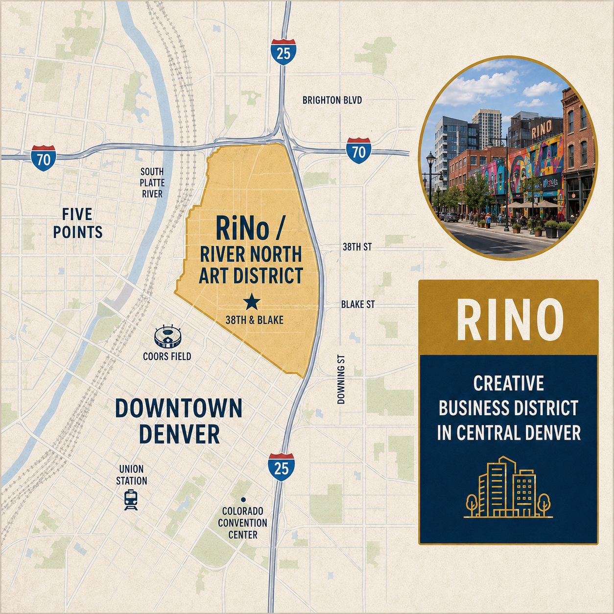 Stylized map of Denver highlighting the RiNo / River North Art District, with nearby landmarks, major roads, and an inset neighborhood photo.