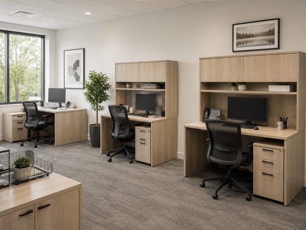 A small office with new desks, chairs, and locking storage cabinets
