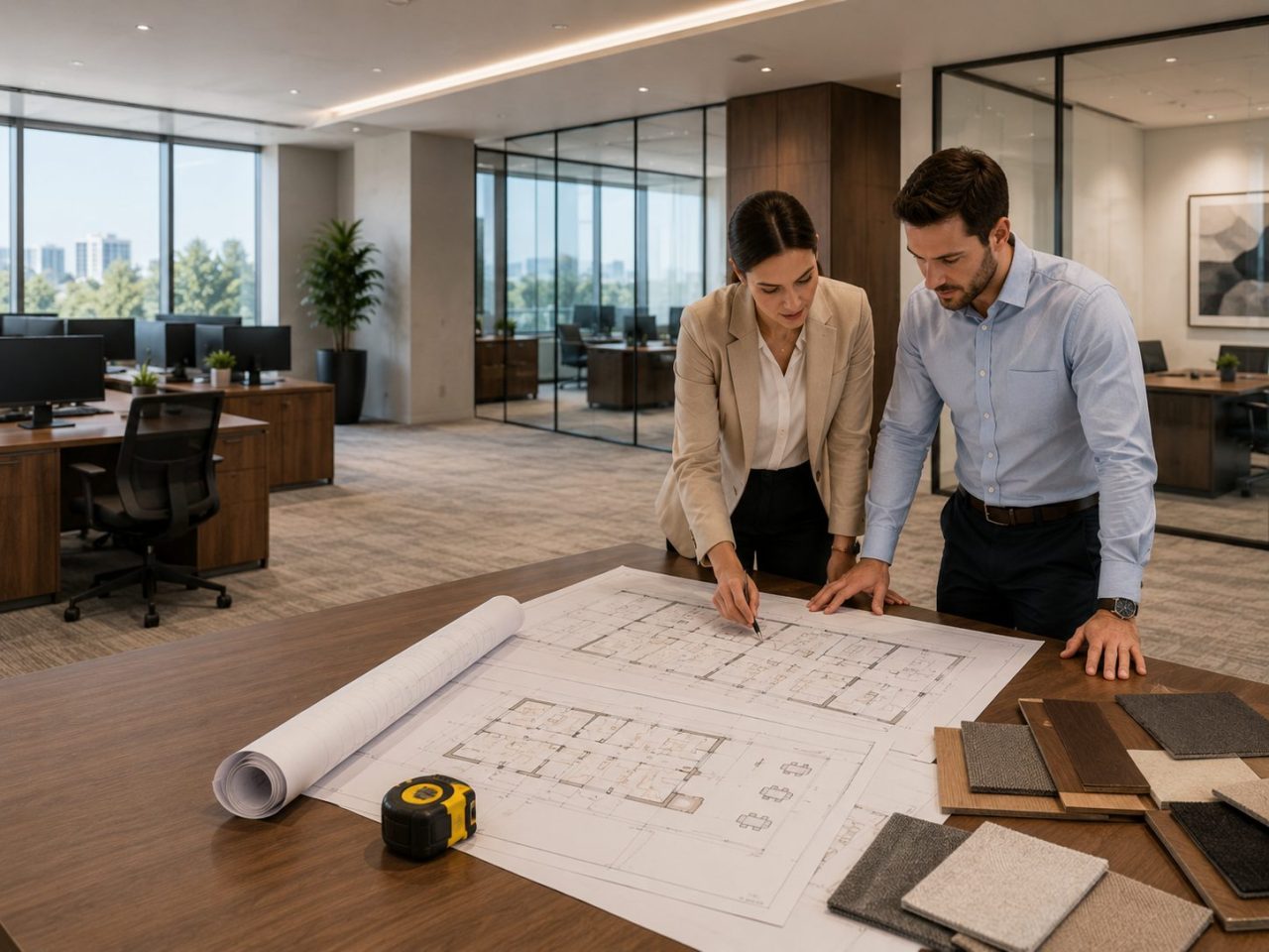 Professionals reviewing office floor plans and furniture samples in a modern office