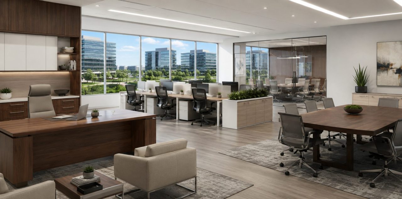 Modern Denver Tech Center office with executive furniture, workstations, conference tables, and glass meeting room