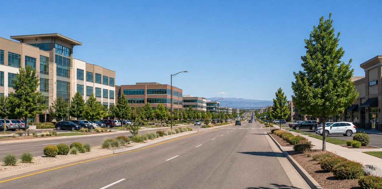 Modern office and retail corridor in Thornton–Northglenn with landscaped streets, commercial buildings, and a distant Front Range backdrop.