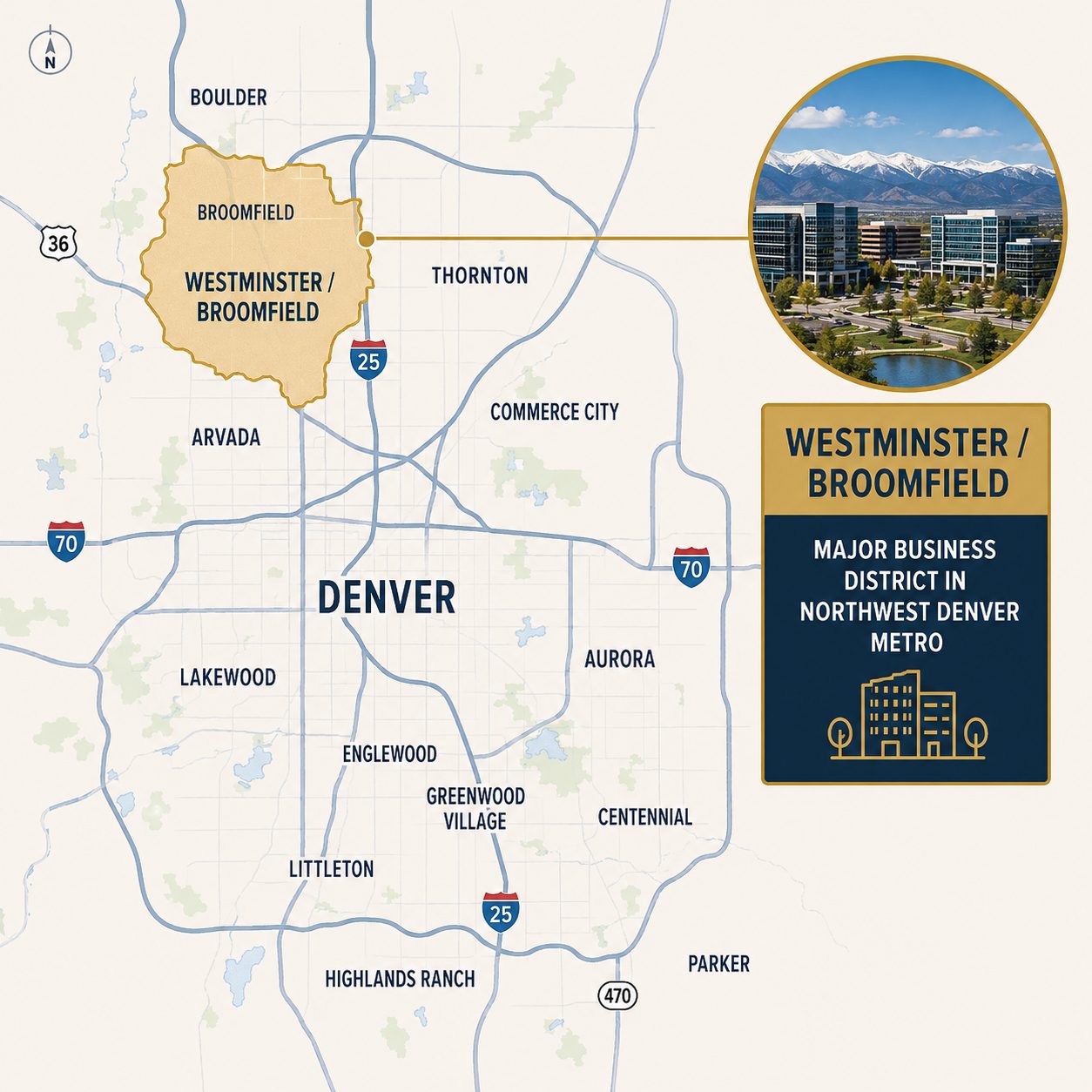 A map and image of the Westminster-Broomfield business district
