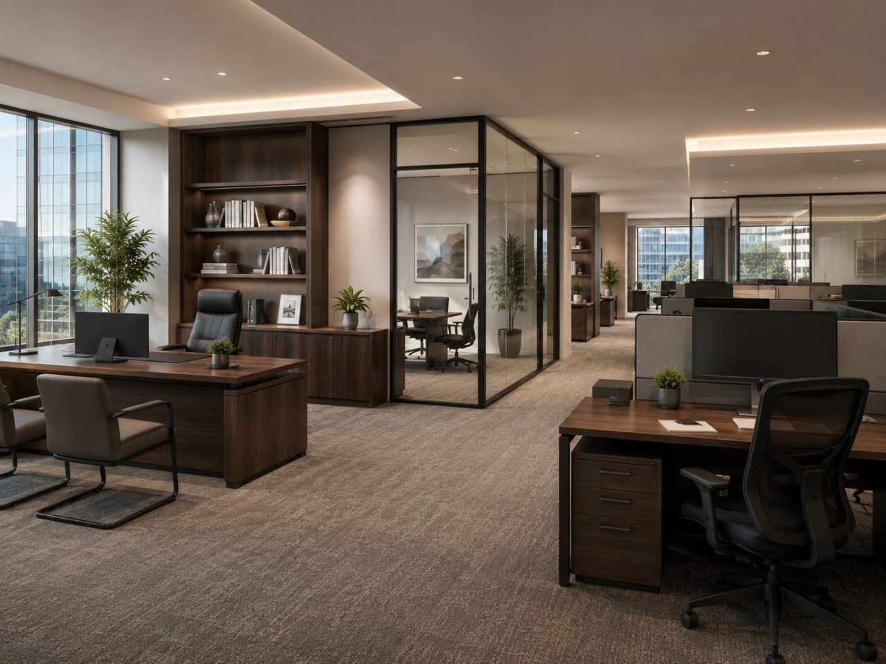 Modern professional office with private offices, executive workspace, and open workstations