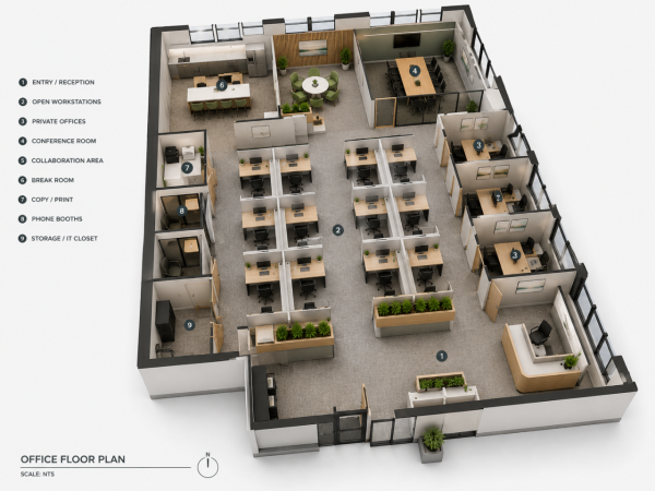 3D office floor plan showing cubicles, private offices, conference room and shared spaces