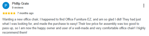 Five-star Google review from a Colorado Springs customer praising Office Furniture EZ for an office chair purchase, low-cost assembly and helpful service.