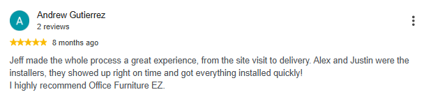 Five-star Google review praising Office Furniture EZ Colorado Springs for service from the initial site visit through fast professional installation.