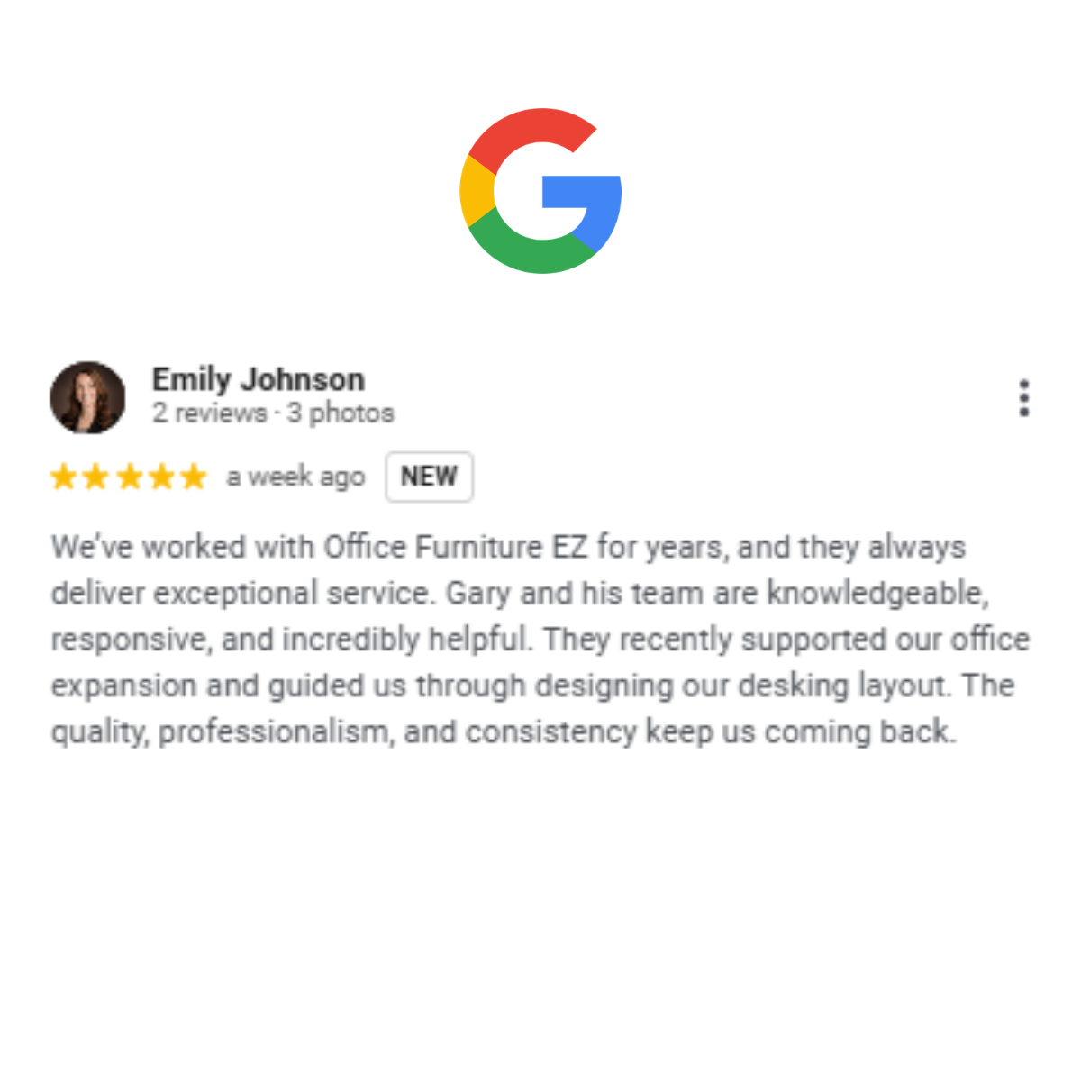 5-star Google review screenshot from Emily Johnson praising Gary and the Office Furniture EZ team for desking layout design and office expansion support.