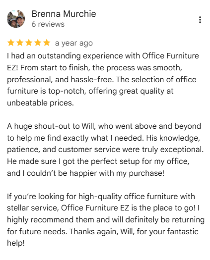 Five-star Google review from Brenna Murchie praising Will and Office Furniture EZ for product knowledge, customer service, and office furniture selection