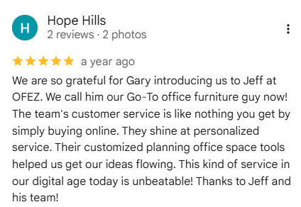 Five-star Google review from Hope Hills praising Office Furniture EZ for personalized service and office space planning support