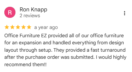 Five-star Google review from Ron Knapp praising Office Furniture EZ for office expansion planning, design layout, setup, and fast turnaround