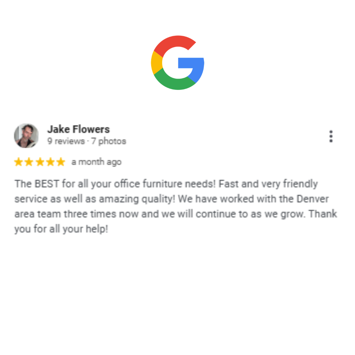 5-star Google review screenshot from Jake Flowers recommending Office Furniture EZ for fast, friendly office furniture delivery and setup in the Denver area.