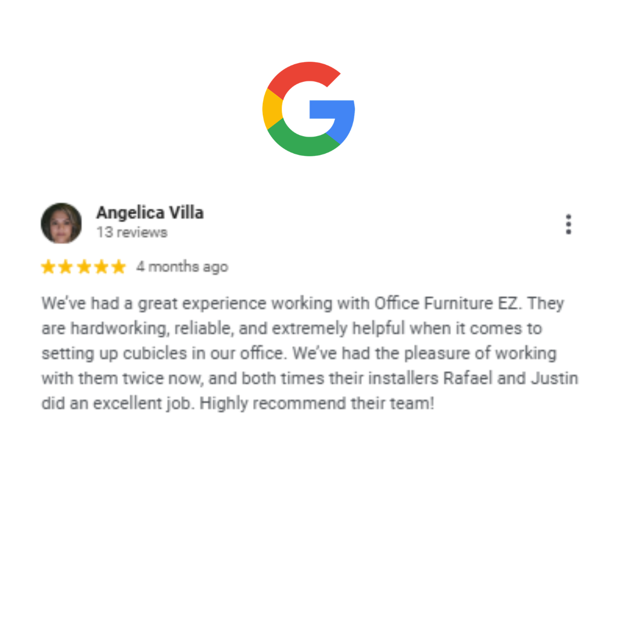 5-star Google review screenshot from Angelica Villa praising Office Furniture EZ installers Rafael and Justin for commercial cubicle setup in Denver.