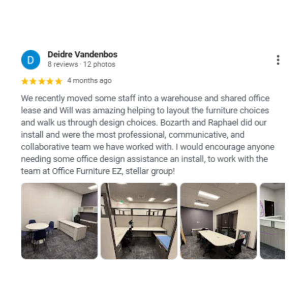 Five-star Google review for Office Furniture EZ praising its office planning, design assistance and professional installation team