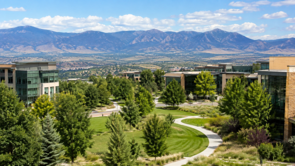 Scenic view of Lone Tree, Colorado with modern office buildings, landscaped green space, and mountain views