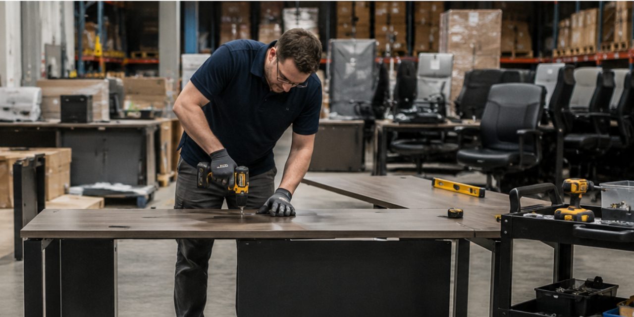 Installer pre-assembling modular desk and cubicle components in the Office Furniture EZ Denver warehouse