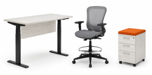 A height adjustable desk, drafting stool, and padded pedestal file at Office Furniture EZ