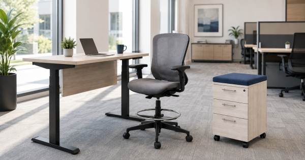 A standing desk, drafting chair and pedestal file sold by Office Furniture EZ
