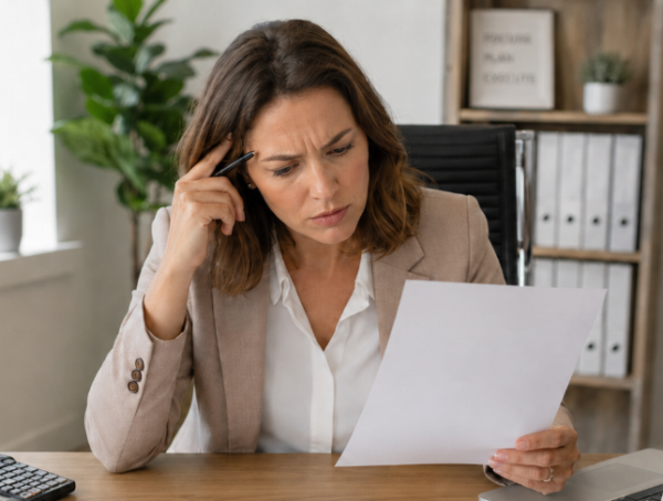 A woman comparing quotes for office furniture.