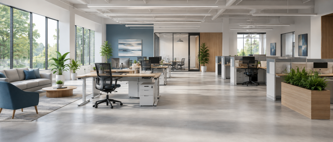 A modern office scene with new furnishings designed and installed by Office Furniture EZ
