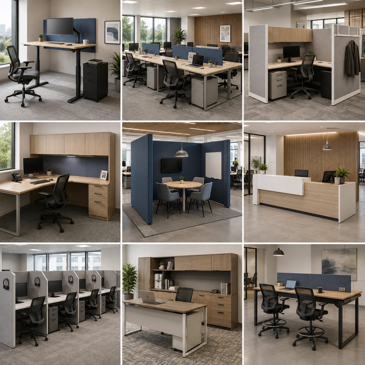 A grid of 9 different types of office furniture elements for open plan designs. privacy panels, call center workstations, and meeting areas are included.