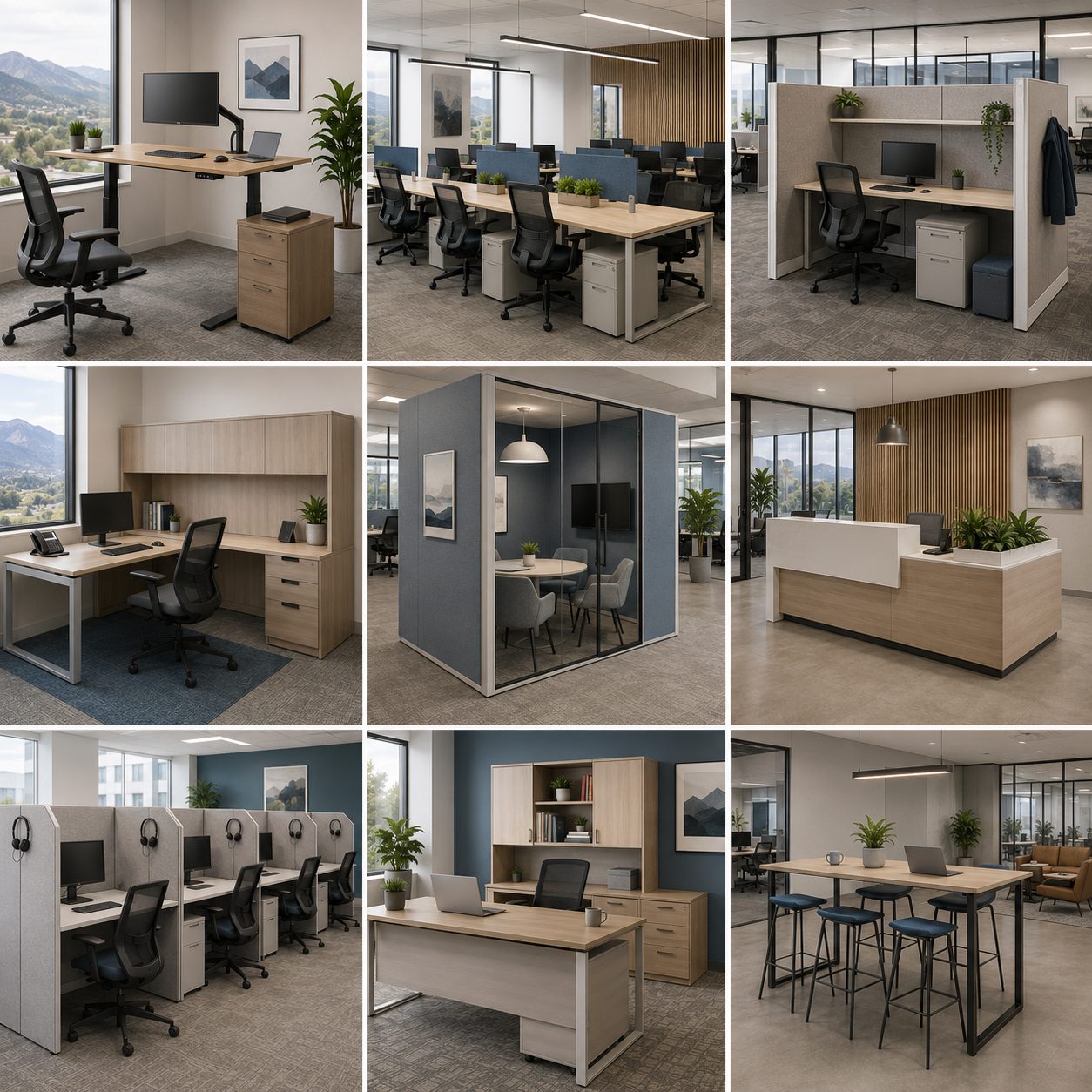 Nine Colorado Springs office furniture configurations, including sit-stand workstations, benching systems, modular cubicles, privacy panels, call-center stations, and collaborative areas