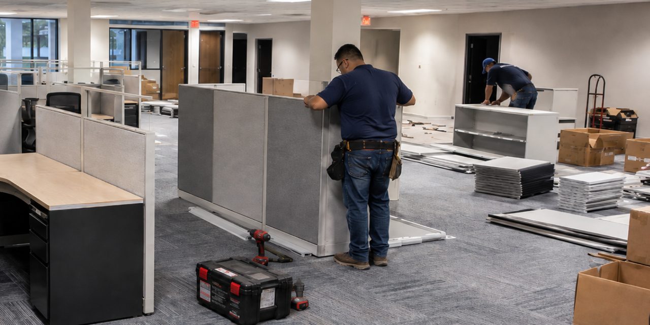 Professional installation team setting up modular open-plan workstations inside a modern Denver office building