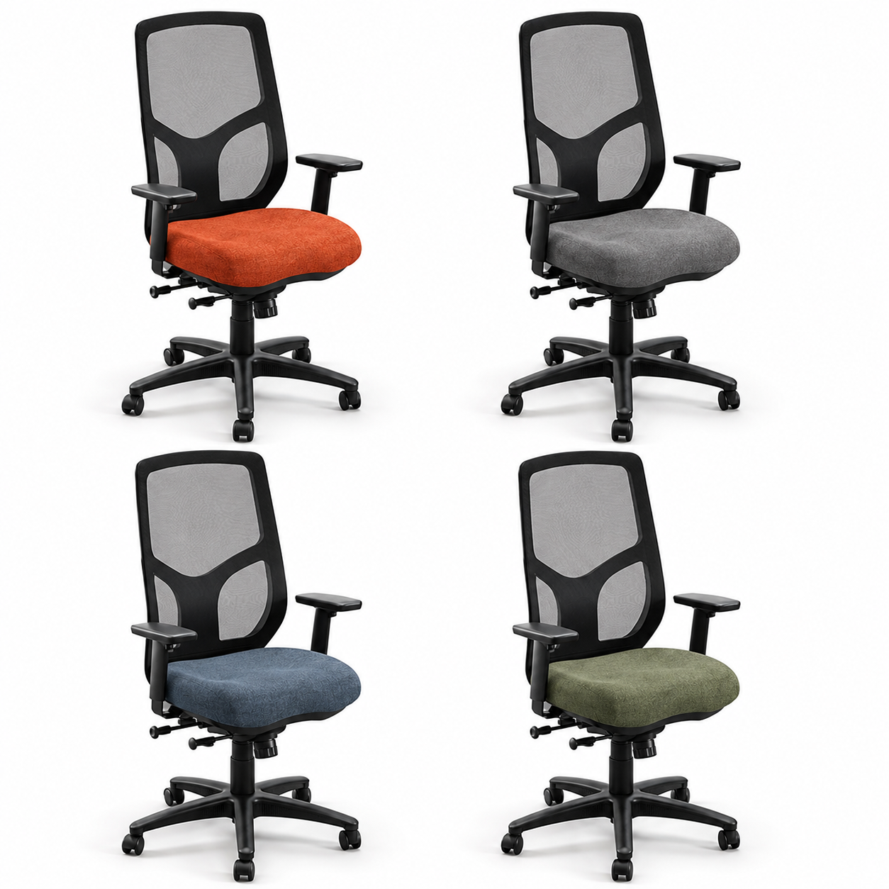 Catalog image of Synchro High Back office chairs in orange, cobalt blue, smoke gray, and green.