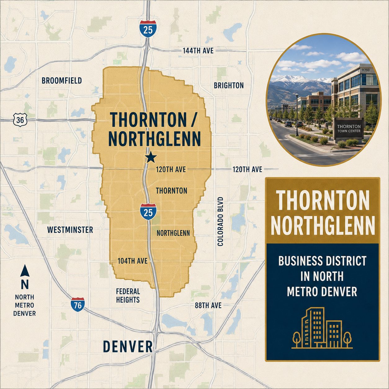 Stylized map highlighting Thornton and Northglenn in north metro Denver