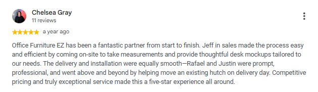 Google review from Chelsea Gray about on-site measurements, desk mockups, delivery, and installation
