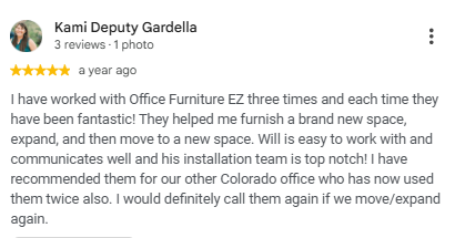 Google review from Kami Gardella about furnishing, expanding, and moving into a new office space with Office Furniture EZ