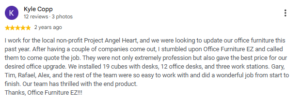 Google review from Kyle Copp about installing 19 cubicles, 12 office desks, and three workstations