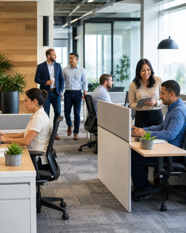 Diverse team working in modern office cubicles and collaborative workspace for Denver businesses