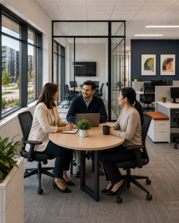 Three professionals meeting at a round table in a modern office workspace representing Central Park and Northfield businesses in Denver