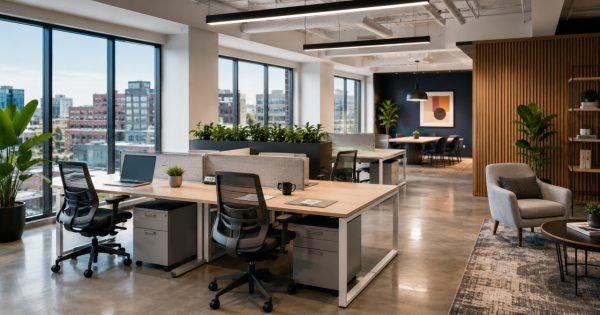 Modern office workstations and ergonomic seating representing office furniture for Central Park and Northfield businesses in Denver